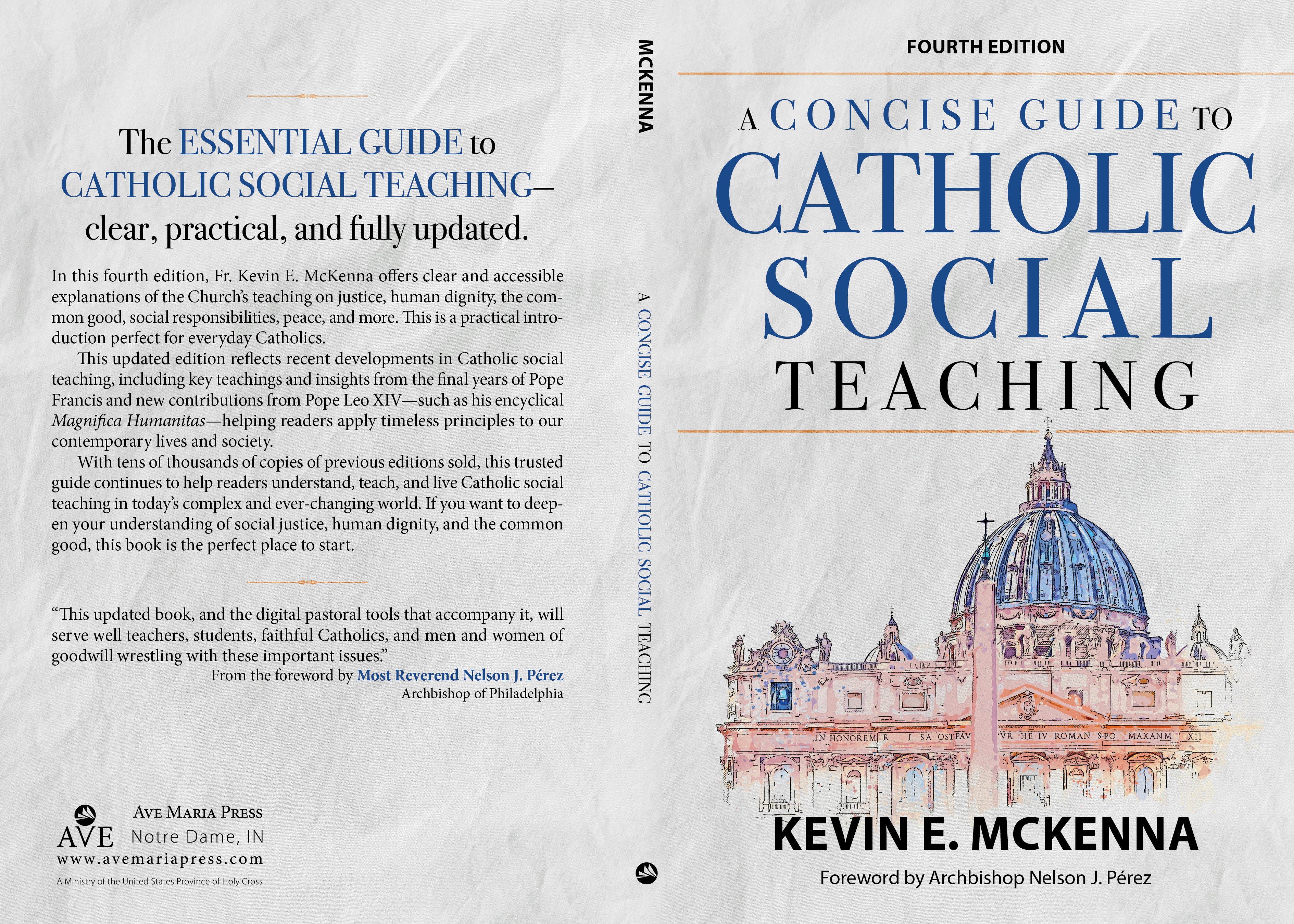 Front and spine views of the book 'A Concise Guide to Catholic Social Teaching' by Kevin E. McKenna, Fourth Edition, showing the title in large blue text, a white cover, and a building illustration on the front.