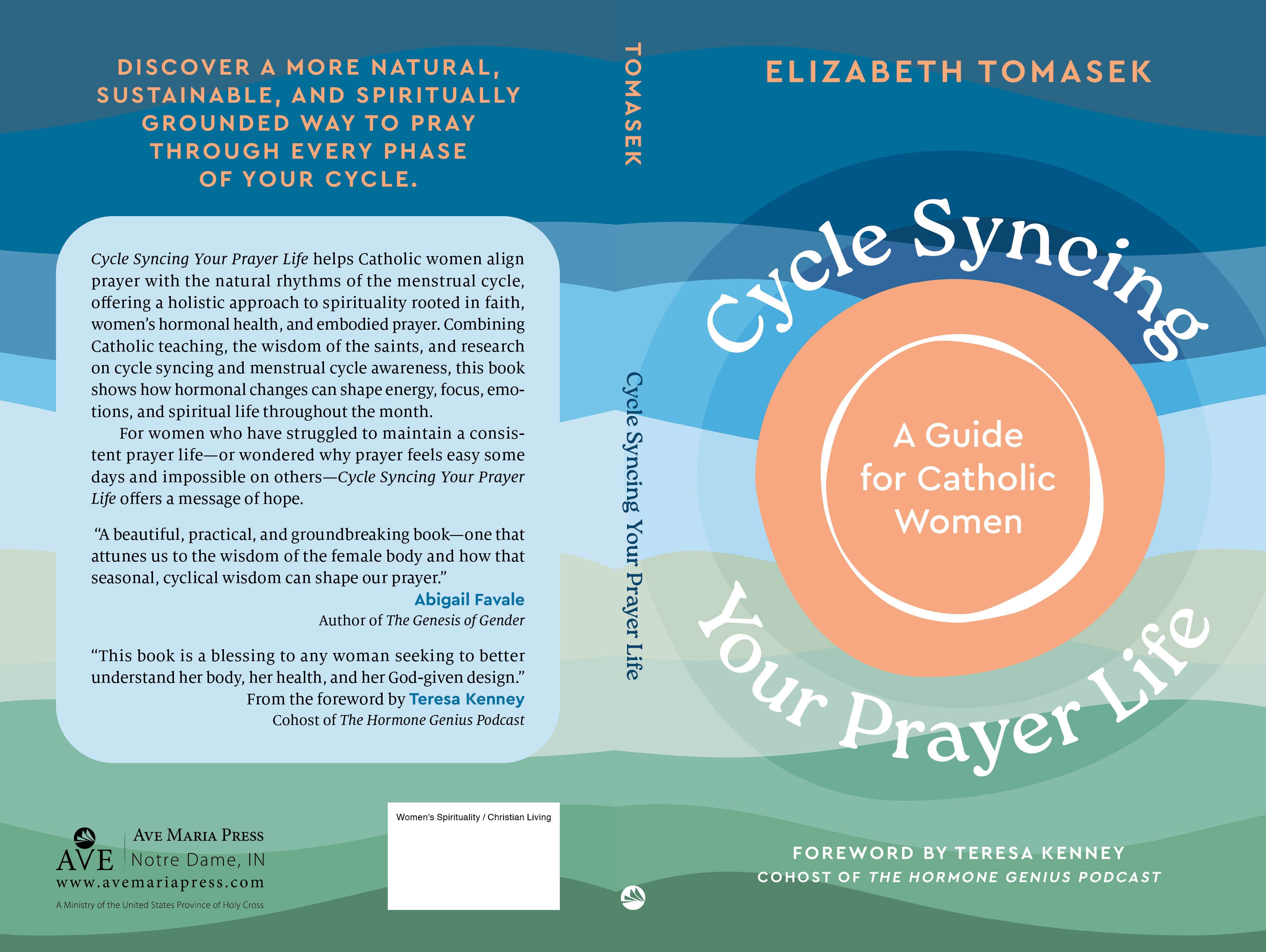 Book cover for 'Cycle Syncing Your Prayed Life' by Elizabeth Tomasek, featuring a teal-to-blue gradient background with a large orange circle and white typography.