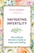 Book cover for 'Navigating Infertility' by Paula Gallagher, featuring a white central panel with purple and teal text, surrounded by a gold border and a watercolor floral border in pastel tones.