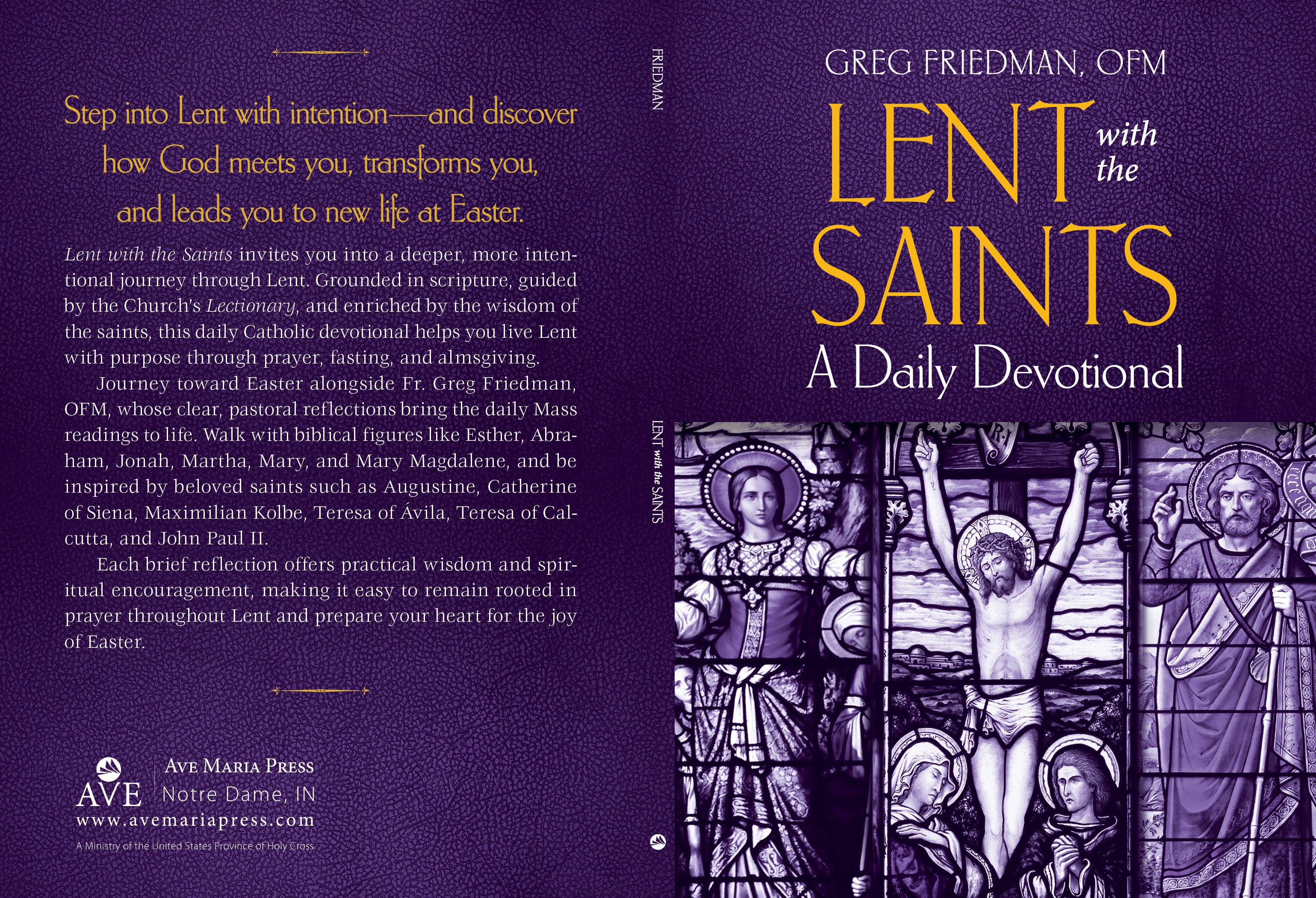 Front and back cover of the book 'Lent with the Saints: A Daily Devotional' by Greg Friedman, OFM. The left cover is purple with gold text and a short prayer, while the right cover features a dark purple illustration of Saint Patrick with the title 'Lent with the Saints' in large gold letters.