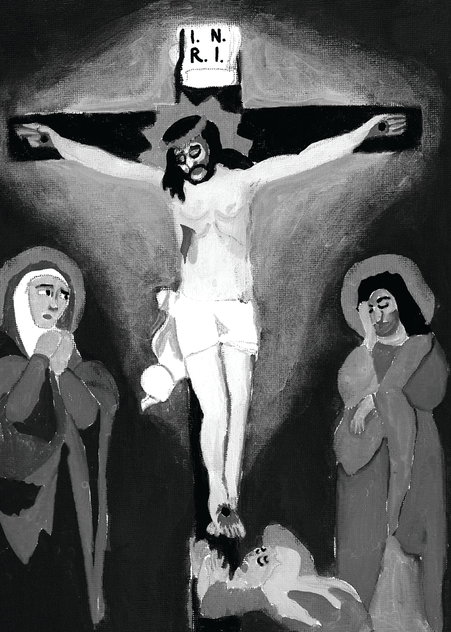 Black and white painting of Jesus on the Cross with his mother at his feet.
