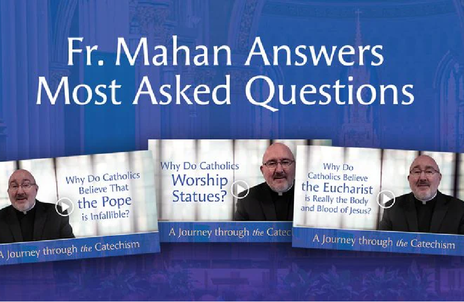 Promotional graphic for Fr. Mahan Answers Most Asked Questions with book covers and a blue background