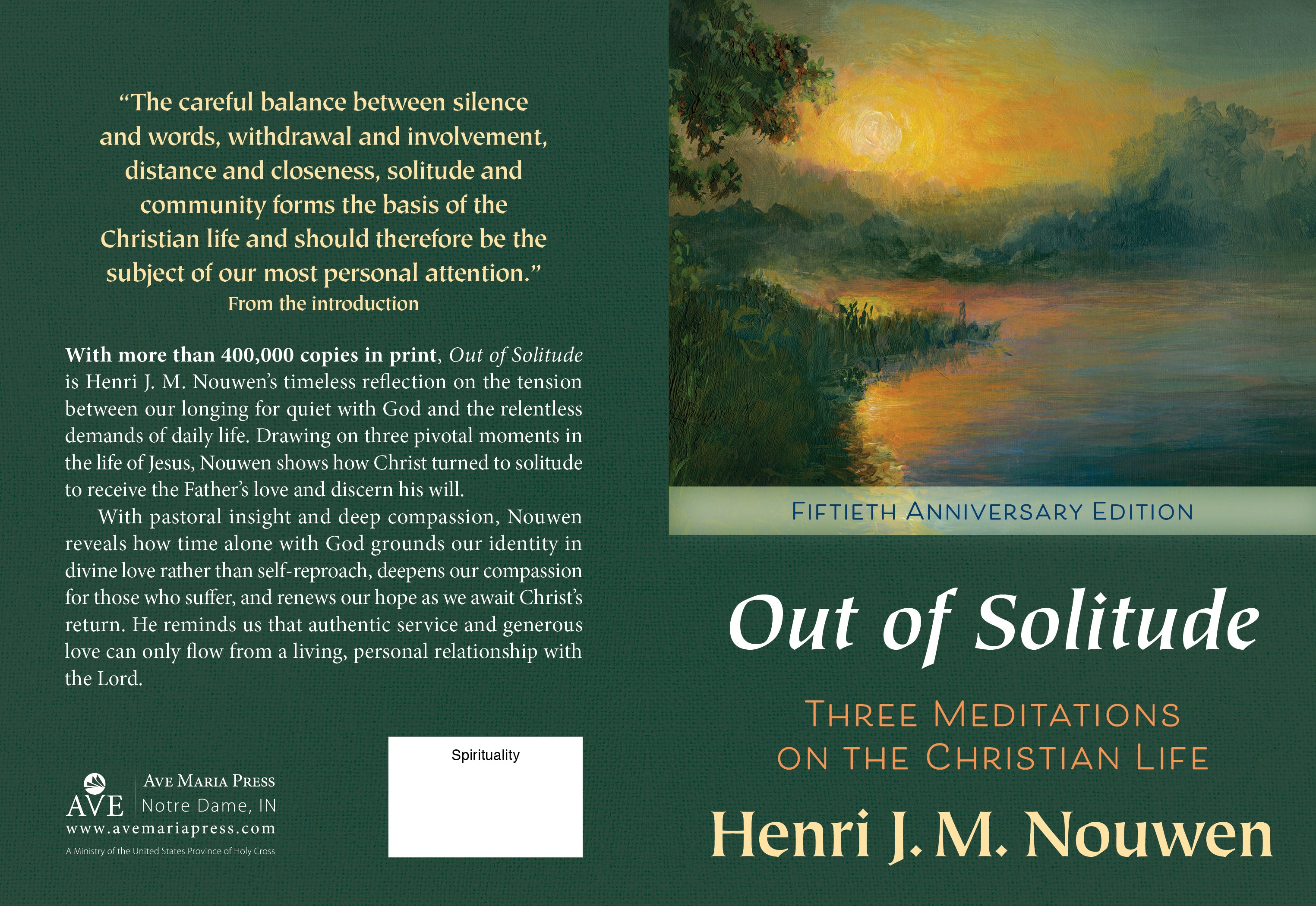 Book cover of 'Out of Solitude' by Henri J.M. Nouwen with a scenic illustration and text.
